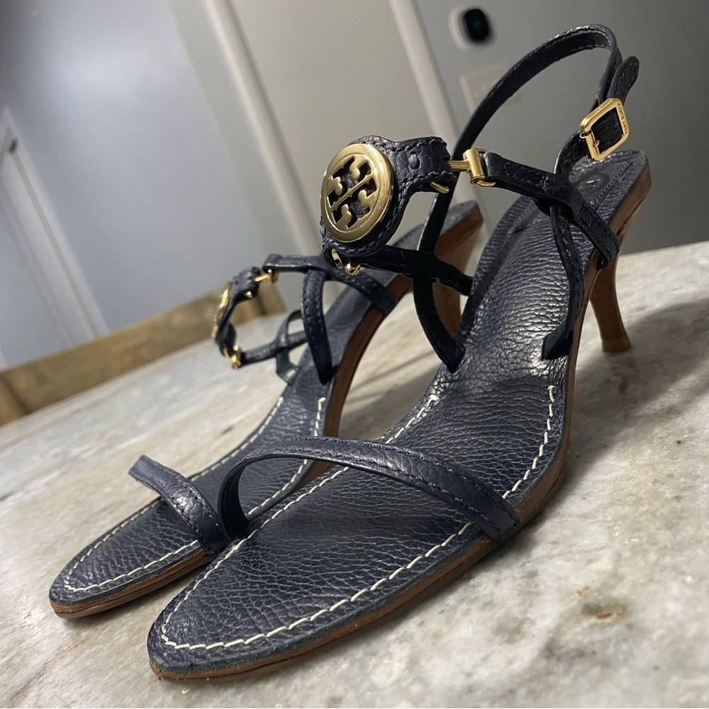 Tory Burch Mira Blue Leather Sandals Open Toe Heels Sandals Women’s 9
